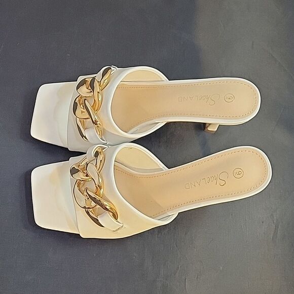 BRAND NEW SHOELAND SQUARE TOE SLIP-ON FOOT OPEN TOE GOLD CHAIN LINKING S… - Picture 8 of 16